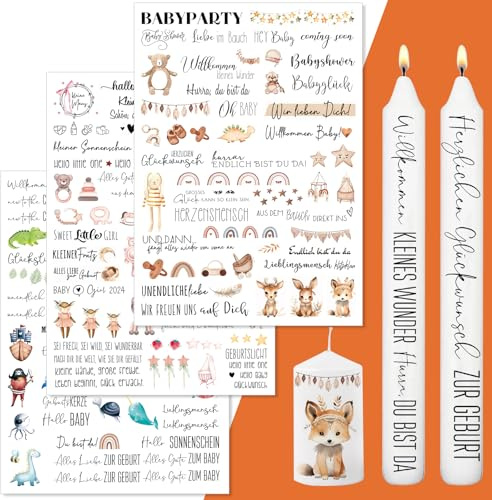 3 Stück DIN A4 Willkommen Baby Kerzentattoos, Geburt Sticker | Glückwünsche zur Geburt, Babyparty, Kerzentattoos verschiedene Motive, Wasserschiebefolie, Kerzen adekorieren (Baby)