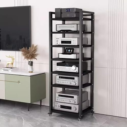 audio rack hifi regal 161 cm hoher Plattenspieler-Stereoschrank – Rack-Audio-Tower mit verstellbaren Regalen und 360°-Universalrädern – Plattenspieler-Konsole für Kabelboxen, Verstärker, Lautsprecher(
