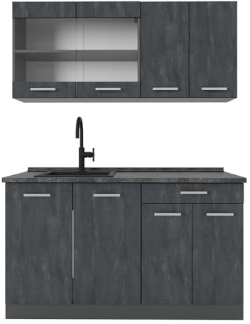 Vicco Singleküche R-Line, Schwarz Beton, 140 cm | 4 Module · Höhenverstellbare Füße · AP Anthrazit inkl. · Robuste Fronten · Mit Glasschrank · Frei kombinierbar