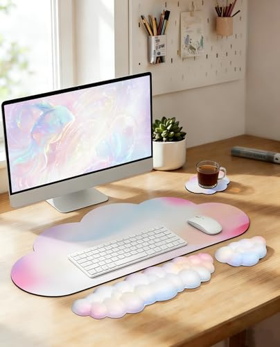 JIKIOU Large Cloud Mouse Pad Waterproof with Cloud Keyboard Wrist Pad and Cloud Mouse Wrist Pad Set, Ergonomic Computer Desk Wrist Support Mousepad for Keyboard and Mouse 35.4x15.7in Rainbow