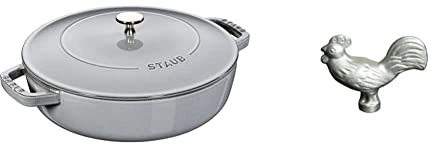 STAUB Cast Iron Chistera, Grey, 24 cm & 40509-346-0 Rooster Lid Knob, Cast Iron, Silver