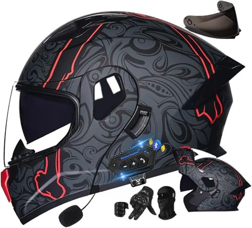Casco abatible Bluetooth casco motocicleta casco modular doble visera para hombres casco protector certificado ECE adultos mujeres y hombres altavoz micrófono cancelación ruido 3,L59-60CM