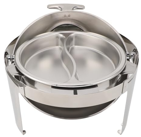 Stainless Steel Buffet Chafer Alcohol Heating Visible Glass Lid Round Chafing Dish Buffet Set Catering Food Warmer (2 Compartment Pan)