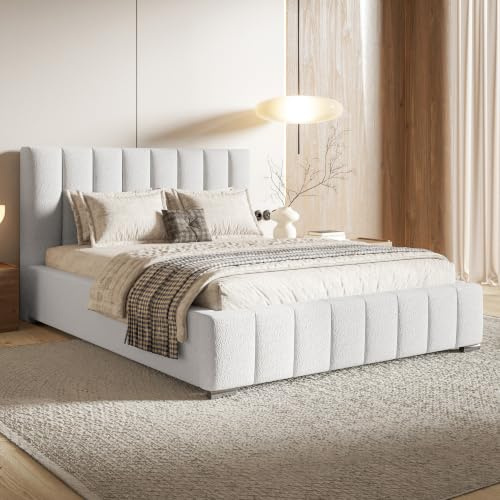 MOTIVENA Vigo Bett 180x200 Weiß Boucle, mit Stauraum, mit Kopfteil, mit Lattenrost, mit Füßen, ohne Matratze, Polsterbett 180x200 mit Bettkasten Weiß (Milch)