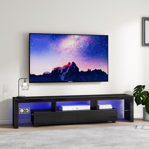 Panana Large TV Unit TV Stand for 85 TVs High Gloss Front Entertainment Unit with RGB LED Lights, 2 Drawers Storage & Glass Shelves, 200cm x 33cm x 45cm (Black)