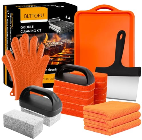21 Pieces Griddle Cleaning Kit for Blackstone, Flat Top Grill Cleaning Accessories with Silicone Spatula Mat, Scraper, Grill Stone & Scouring Pads with Handle, Cleaning Gloves, Cleaning Towel