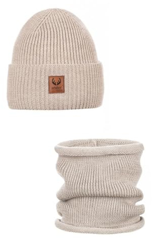Ander Wintermütze Damen & Loop Schal Damen Set - 100% Merinowolle - Warme Mütze Damen Winter - Weiche Strickmütze Beanie kratzfrei - Elegante Kopfbedeckung für Frauen - 58 Größe - BRIGID