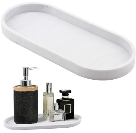 Ovales Harztablett in Marmor Weiß, Harz Schminktisch Tablett Organizer, Harz Schmuck Tablett Kosmetisch Organizer, Dekorative Ablageschale für Badezimmer, Schlafzimmer und Küche