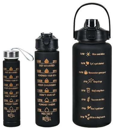 Large Black BPA-Free Motivational Water Bottle with Time Markers, Leak-Proof Lid, Durable Design, Available in 3 Sizes for Hydration, Gym, and Fitness Tracking