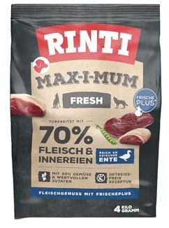 Rinti - MAX-i-Mum | Alimento seco para Perros Adultos con 70% de Carne y despojos. Alimento Completo sin Cereales en Bolsa con proporción equilibrada de proteínas/Grasas, 2 x 4 kg de Pato