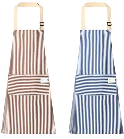Dewocke Set de 2 Piezas Delantales de Cocina para Mujeres/Hombre, Delantal Cocina Ajustable, Delantal en Algodón con Bolsillos, Mandiles para Barbacoa, Cocinar, Hornear y Jardín - Azul y Marrón