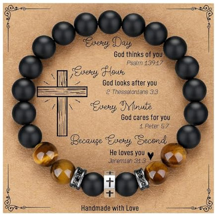 Christian Bracelet for Men - Jesus Bracelets for Men, Vintage Cross Beaded Christian Bracelet with Natural Stone and Metal Cross Pendant, Catholic Rosary Bracelets, Faith-Based Gift for Believers