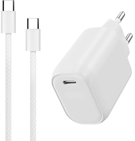WAYTEX Chargeur Rapide 20W avec Câble USB-C Nylon 1,00m - Recharge Rapide Sécurisée avec Puce IC, Chargeur Complet Prise + câble pour téléphone USB-C, iPhone16-15, iPad, Samsung, Android