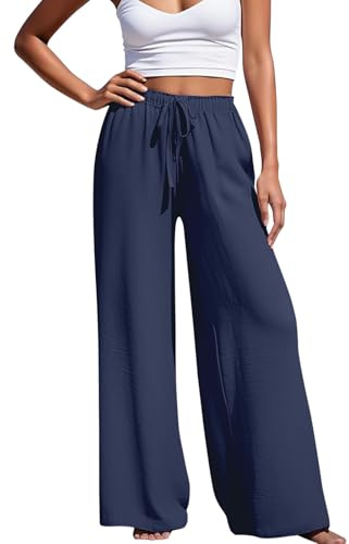 Damen Leichte Weite Hose, High Waist mit Kordelzug und Gummibund, Ganzjahrestaugliche Lange Hose