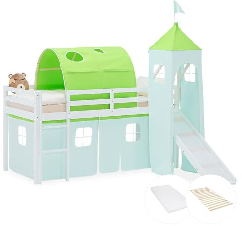 Homestyle4u Hochbett mit Rutsche Matratze Lattenrost 90x200 cm Weiß, Kinderbett aus Holz Kiefer, mit Turm Tunnel Vorhang Grün, Artikel 2983