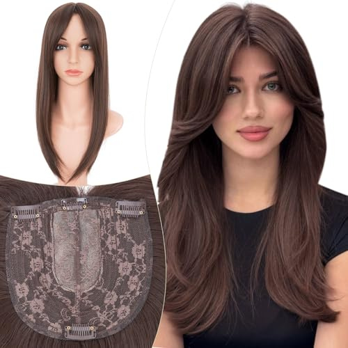 Elailite Hair Topper Clip In Haarteile Haartopper mit Pony Schokoladenbraun, Extensions Für Dünnes Haar Oberkopf Haarteil Toupet Frauen Haarverlängerungen Lace 15cmx15cm (45cm, 175g)