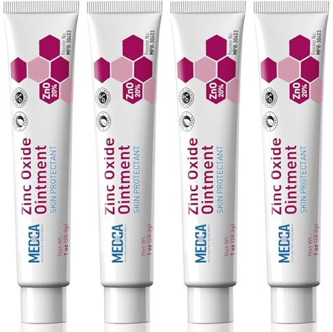 High-Potency 20% Zinc Oxide Ointment - (Pack of 4) Baby Diaper Rash Cream and Gentle Skin Protectant Barrier for Chafed Skin, Wetness, Daily & Overnight Protection Soothing, Hypoallergenic, 1oz Tubes