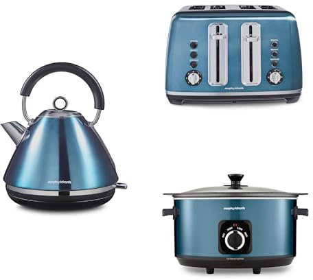 Morphy Richards Accents Kitchen Bundle, 1.5L, 3KW Rapid Boil Pyramid Kettle, 4 Slice Toaster & Slow Cooker 6.5L, Easy Operation, Stylish Retro Design, Matching Set, Blue, 102049 | 242049 | 461023