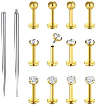 Funseedrr 12 stycken läppstift & labretpinnar med piercingtejp, rostfritt stål och zirkon 16G 6/8/10 mm silver/guld/svart för Helix Tragus Labret öronplugg läpp näsa piercingsmycke