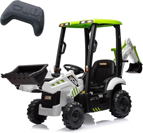4 en 1 Excavadora para Niños, 12V Vehículo Eléctrico con Control Remoto, Cargador Frontal, Excavadora, bocina y Asiento Ajustable, Verde