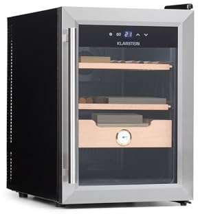 KLARSTEIN El Presidente Cigar Humidor – thermoelectric humidor cabinet with glass door, humidifier with cedar wood inserts, hygrometer, LED interior lighting, 37 litres, silver