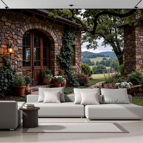 Carta Da Parati Fotografica Zone Rurali Case In Pietra 3D Effetto Viti Sul Muro Design Carta Tessuto Non Tessuto TNT Marrone XXL Fotomurale per Soggiorno Camera Letto Studio Decorazione, 400×280cm