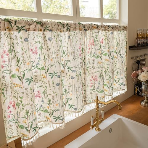 Devola Scheibengardinen Landhausstil Blumen HxB 45x100cm Naturfarben 1Stück | Kurzgardine Halbtransparent Bistrogardine mit Quasten Vintage Gardinen Landhaus, Kurz Vorhänge für Kleine Fenster