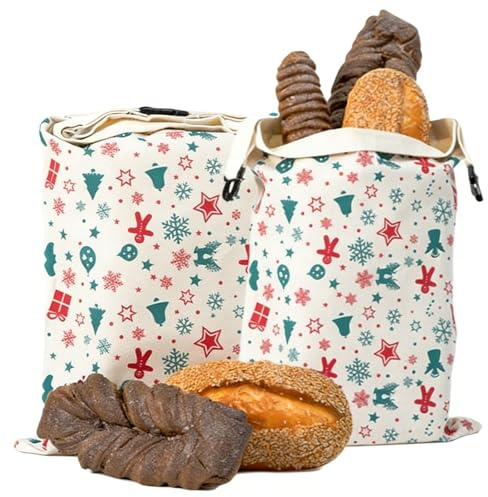 2-pack återanvändbara bivaxbrödpåsar med spänne - bomullsförvaring med stor kapacitet för hembakat, surdeg och färskt bröd Christmas Edition
