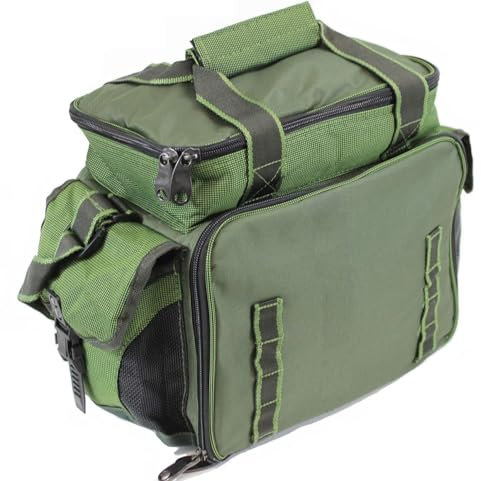 QMBasic Angelboxentasche inkl. 4 Tackle-Boxen | Angelkoffer für Zubehör Wasser-Abweisend gepolsterte Schultergurte Angeltasche