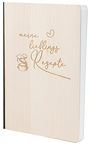 Notizbuch mit Holz Cover in A5 - MEINE LIEBLINGS REZEPTE - Echtholz Notebook zum Reinschreiben Holzeinband 192 blanko Seiten 90g, Holzart:Ahorn
