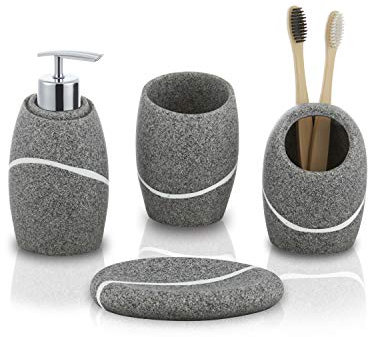 zccz Grey Bathroom Accessory Set 4 Pieces - Bathroom Organiser with Tootbrush Holder, Lotion Soap Dispenser, Vanity Tray and Soap Dish - Modern Bathroom Decor - Bathroom Accessories Set
