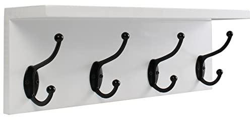 SANY DAYO HOME Wall Mounted Pine Wood Coat Rack with Shelf and 4 Heavy Duty Two-Prong Hooks for Entryway, Kitchen, Bathroom, Bedroom, Laundry (16 x 5 x 4 inches, White)