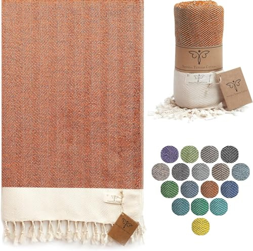 SMYRNA TURKISH COTTON Herringbone Series - Manta 100% algodón, manta grande de 127 x 152 cm, fabricada en Turquía, lavable a máquina, toalla de baño y alfombra de picnic de lujo premium, color naranja