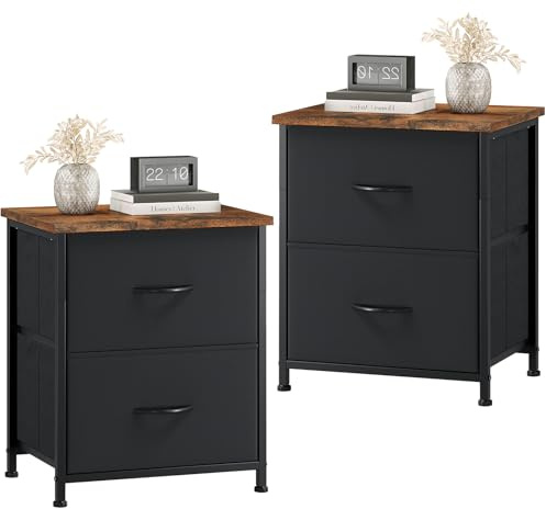 Somdot Nachttisch Schlafzimmer, 2 Stoffschubladen, 2er Set, Schwarz Braun