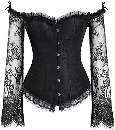 PANOZON Donna Elegante Underbust Corsetto Spalla Pizzo Manica Lunga Body Shapewear Halloween Christmas (Large, A nero-16)