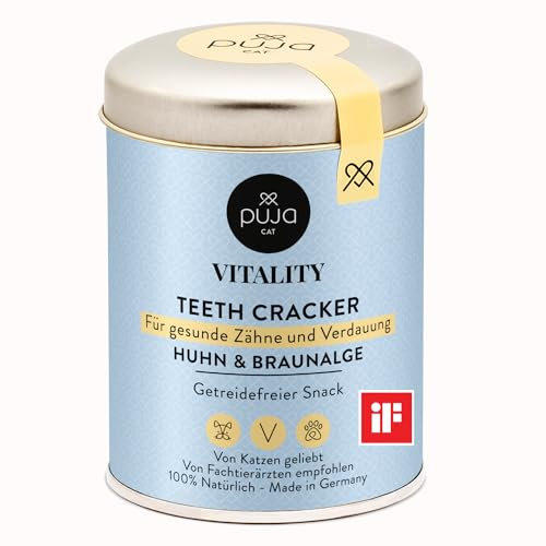 PUJA Katzensnack, für gesunde Zähne, Verdauung und frischen Atem, Monatsration Leckerlis klein für Belohnung und Spiel, Huhn & Braunalge, frei von Zusatzstoffen, 100% natürlich,150 g