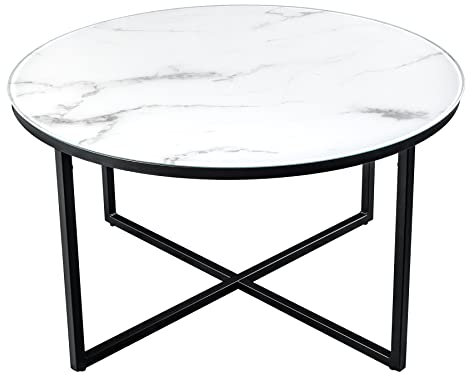 riess-ambiente.de Eleganter Couchtisch Boutique 80cm weiß rund Kristallglas mit Marmor-Dekor schwarzes Gestell