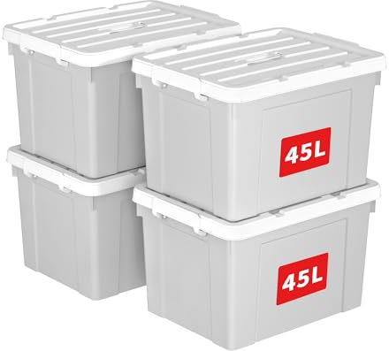 Cetomo 45L*4 Caja de Almacenamiento con Asa, Caja de Plástico con Tapa y Cierre Seguro, Contenedor de Almacenamiento Grande, Duradera, Apilable, Resistentes, Gris, Paquete de 4 de 45L