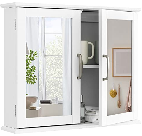 RELAX4LIFE Bathroom Wall Cabinet, Double Door Mirrored Storage Cupboard with Inner Shelf, Space-Saving Medicine Cabinet Organizer for Kitchen Living Room Entryway (White) | with Inner Shelf, Space-Saving Double Door Medicine Cabinet Organizer for Kitchen Living Room Entryway