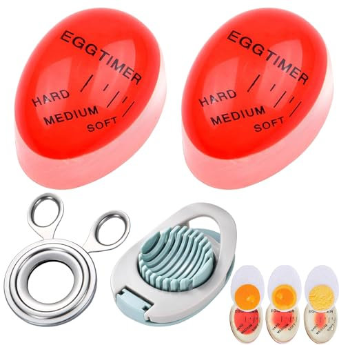 4 Pcs Colour Changing Egg Timer Set, Soft, Medium, Hard Boiled Egg Timer with 1 Egg Slicer and 1 Egg Cutter for Boiled Eggs, Durable Heat Sensitive Egg Indicator for Cooking Eggs, Kitchen, Gift