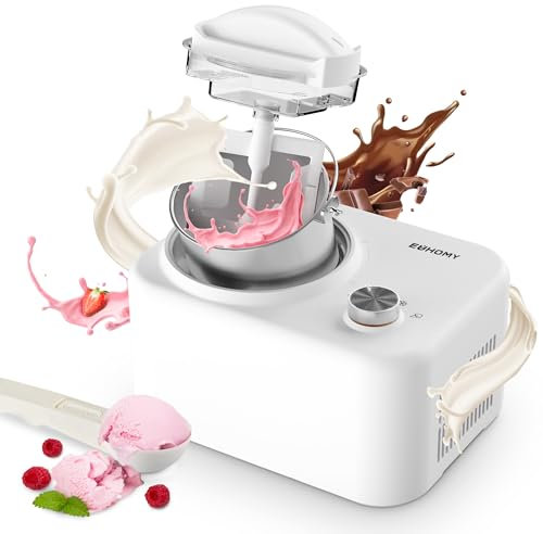 EUHOMY Eismaschine mit Kompressor, Selbstkühlend, 100 Watt, 1L Speiseeisbereiter, Weiß, 400g Eis, Abnehmbarem Rührquirl, Klarem Deckel