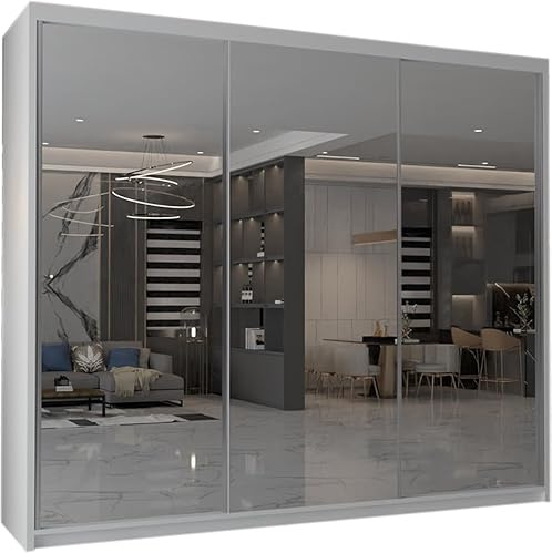 MN Furniture Edinburgh Sliding Door Wardrobe with Full-Length Mirror, Shelves & Hanging Rails, Bedroom Storage Cabinet (White, 250cm)