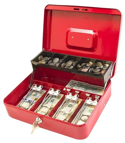 PERZOE Abschließbare Geldkassette, geteiltes Ablagefach mit Schloss, Metallgeld, großes Fassungsvermögen, mehrere Fächer, tragbar Rot