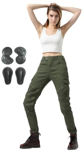 HULG Pantaloni Moto Donna,jeans Da Moto Slim Fit Da Donna Con Protezioni Per Ginocchia E Fianchi, Pantaloni Da Moto Skinny Elastici (Green,M)