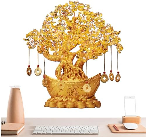Crystal Money Tree - Golden Citrine Good Luck Bonsai for Prosperity and Abundance | Glittering Gemstone Crystal Coin Tree for Table, Desk, Shop, Home