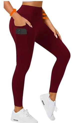 ZiaWorld High Waisted Leggings for Women with 5 Pockets Wine Red Yoga Pants for Gym Workout Running Sports Non See Through Stretchy Seamless Activewear (S)