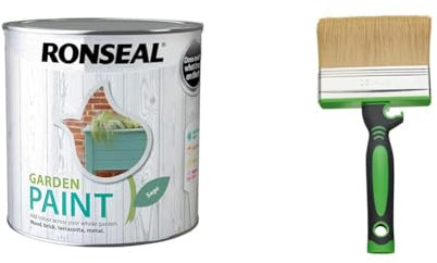 Ronseal RSLGPSA25L GPSA25L Garden Paint Sage 2.5 Litre & Fit For The Job 4 inch Large Capacity Shed And Fence Block Brush for Rapid Painting of Sheds & Fence