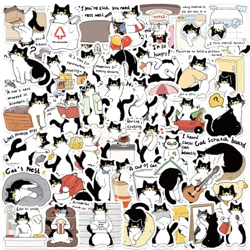 50 Pcs Cat Stickers Cute Cartoon Animals Sticker for Laptop Skateboard Scrapbook Computer Water Bottle Luggage Helmet Bike Car,Vinyl Waterproof Funny Cow Cat Sticker for Adult Girls Kids