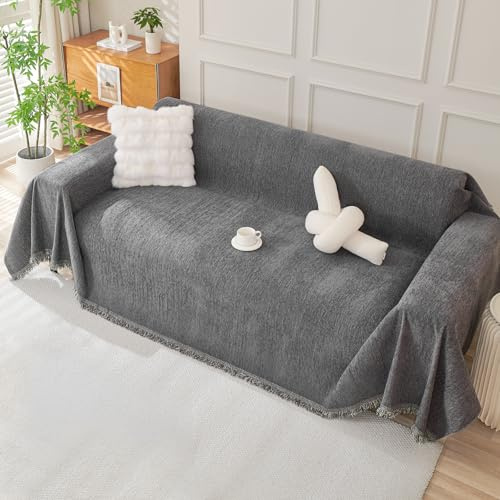 Royhom Sofa Überzug Chenille, Sofabezug L Form, Couch Überzug Ecksofa, Sofaüberwurf 2 Sitzer, Couch Überwurf mit Deko Quasten, Grau Sofa Überwurf(Dunkelgrau, 180x300cm)
