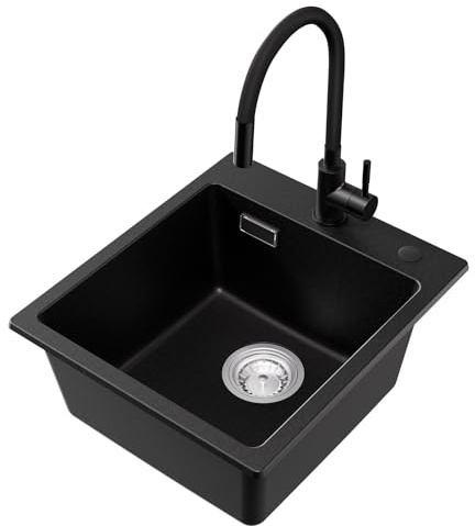 40x45cm Küchenspüle mit Flexiblem Wasserhahn, Spüle mit Armatur Set | Spülbecken küche, Spüle Schwarz, Waschbecken Küche Eckig, Granitspüle Schwarz, Einbauspüle Set Klein, Spüle Küche